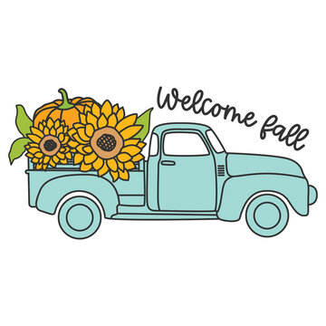 blue truck sunflowers pumpkin welcome fall clip art preview