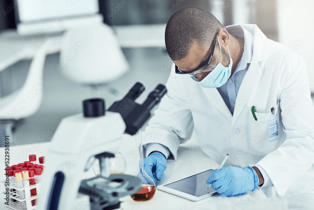 Poster scientist, researcher and medical worker using a tablet for innovation and research while wearing a 