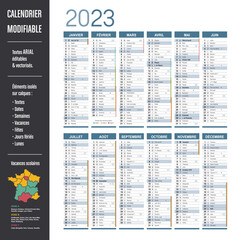 Calendrier 2023 modifiable - Eléments isolés sur calques, textes en Arial, éditables et vectorisés. - obrazy, fototapety, plakaty
