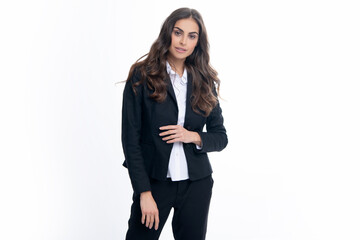 Sexy sensual business woman portrait. Fashion businesswoman in suit isolated on white studio background. Business women vogue style.