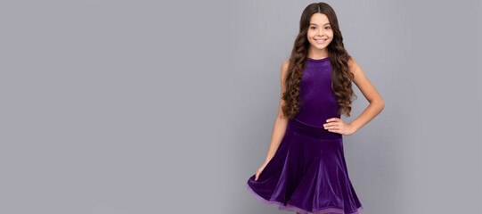 child in purple dance dress. dancing school. Child face, horizontal poster, teenager girl isolated...