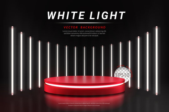 Red Podium With White Neon Tube On Black Background, Landscape Layout, Vector Illustration