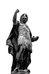 Roman emperor statue isolated on white background. Black and white vertical image.