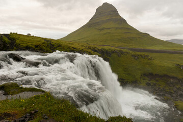 View at mount and waterfall of Kirkjufell at Grundarfjordur in Iceland