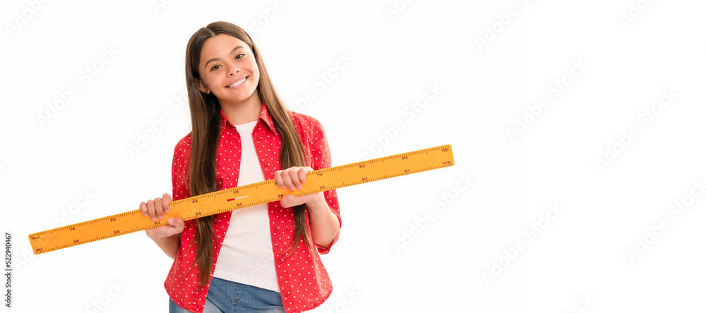 Poster happy kid hold ruler study geometry at school isolated on white, school. banner of school girl stude