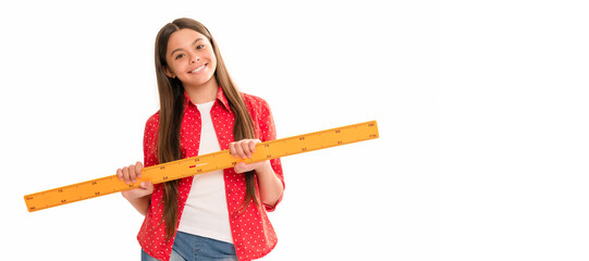 happy kid hold ruler study geometry at school isolated on white, school. Banner of school girl student. Schoolgirl pupil portrait with copy space.