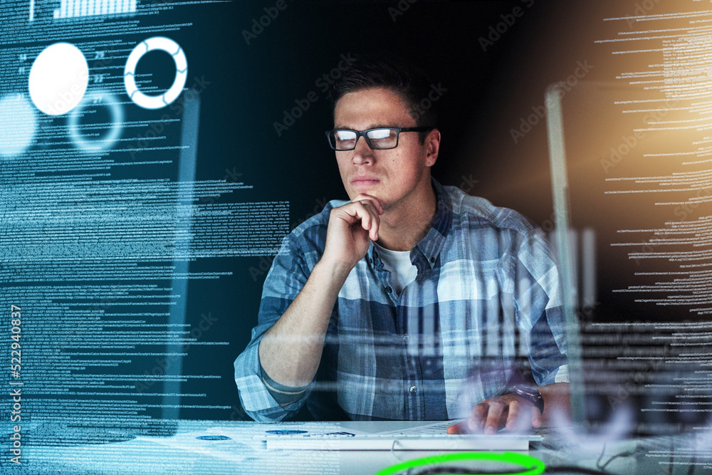 Poster male it computer engineer working on a futuristic hologram or cgi screen at his office desk. tech de