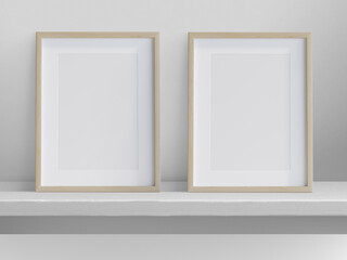 3:4 ratio, ratio, 2 photo frames with wooden border on shelf, 3d illustration, 3d rendering