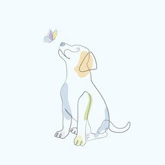 Dog and butterfly one line art drawing color art linear flat illustration