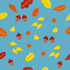 Obraz premium Autumn leaves seamless pattern on blue background.