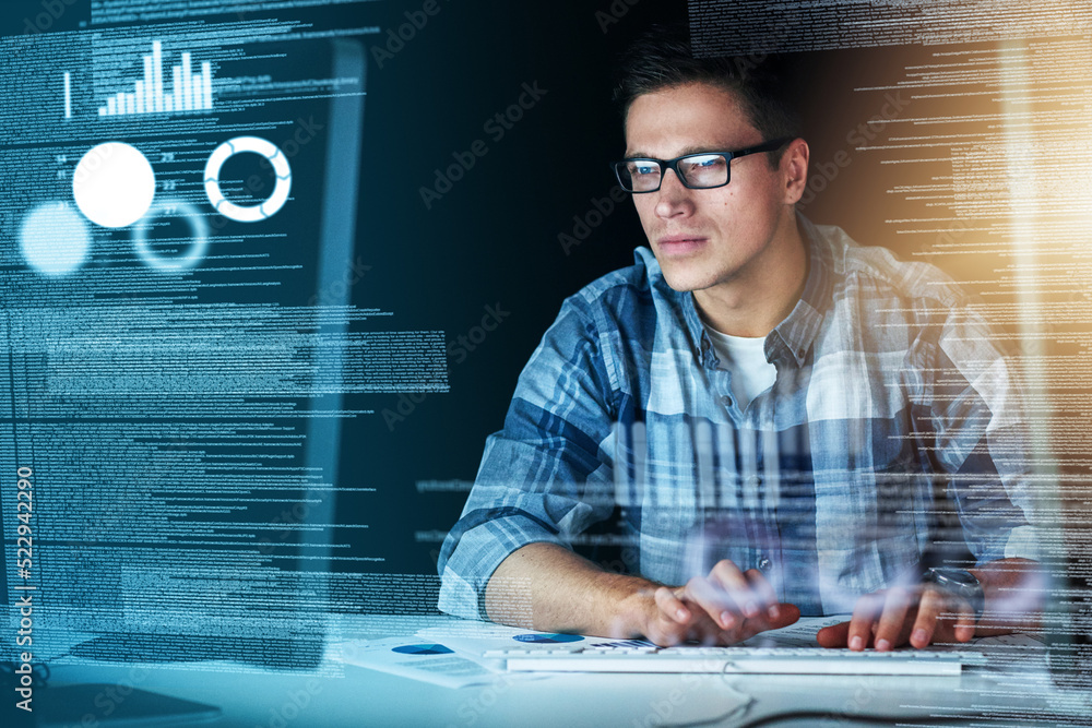 Poster male it computer worker working on a future hologram cgi screen at his office desk. tech designer us