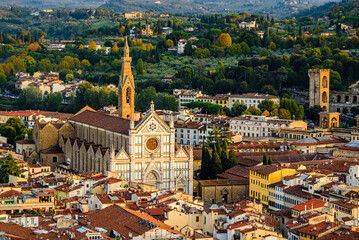 Aerial view at the Basilica di Santa Croce in sunset light.  - obrazy, fototapety, plakaty