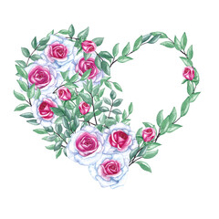 Heart of roses and leaves with a place for an inscription. Watercolor illustration. Hand painting.