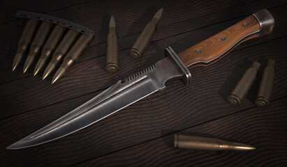 Knife and ammo on wooden surface. 3D illustration