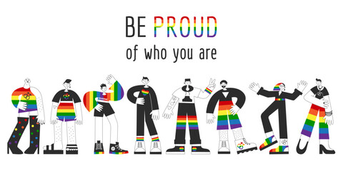 Group of gay people standing with rainbow flag, lgbtq symbols. Homosexual queer men visibility, awareness, equality, pride and rights concept isolated vector flat illustration. - obrazy, fototapety, plakaty
