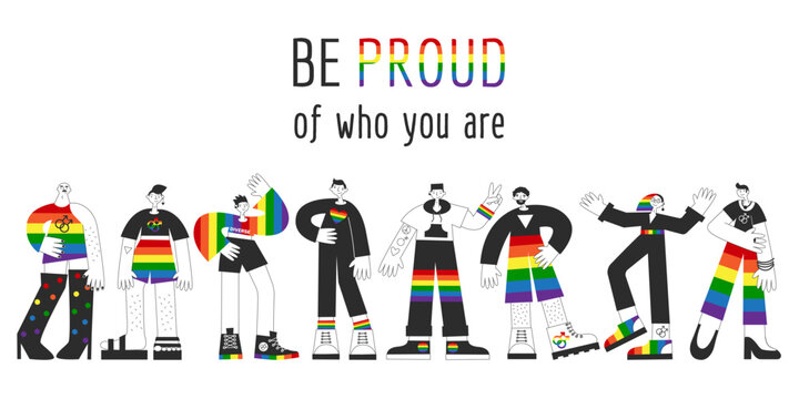 Group of gay people standing with rainbow flag, lgbtq symbols. Homosexual queer men visibility, awareness, equality, pride and rights concept isolated vector flat illustration.