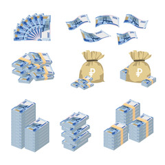 Fototapeta premium Russian Federation Ruble Vector Illustration. Huge packs of Russia money set bundle banknotes. Bundle with cash bills. Deposit, wealth, accumulation and inheritance. Falling money 2000 RUB