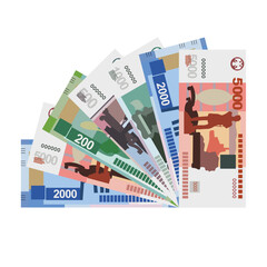 Russian Ruble Vector Illustration. Russia money set bundle banknotes. Paper money 200, 500, 1000, 2000, 5000 RUB. Flat style. Isolated on white background. Simple minimal design.