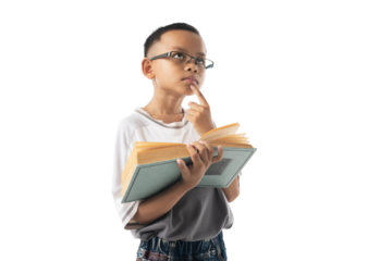portrait of cute Asian boy student thinking and holding big book isolated on white background