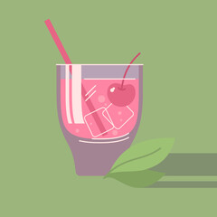 A bright summer poster advertises a refreshing drink. Juice from fruits and berries in a glass with a straw.