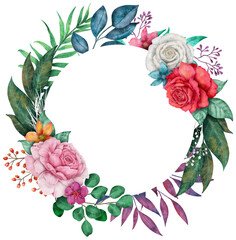 Colorful Rose flower circle Frame Watercolor
