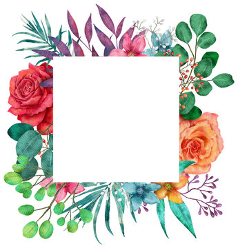 Colorful Rose flower Frame Watercolor
