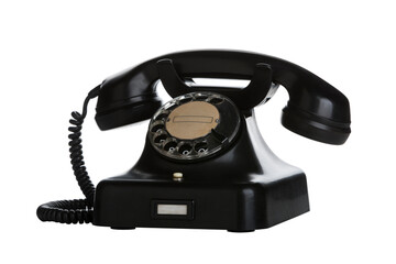 Vintage black bakelite telephone isolated with transparent background - obrazy, fototapety, plakaty