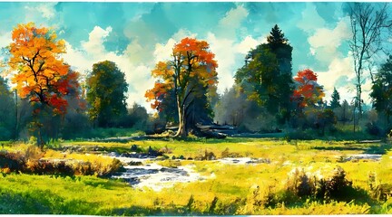 Fototapeta na wymiar Country landscape with trees Digital painting 
