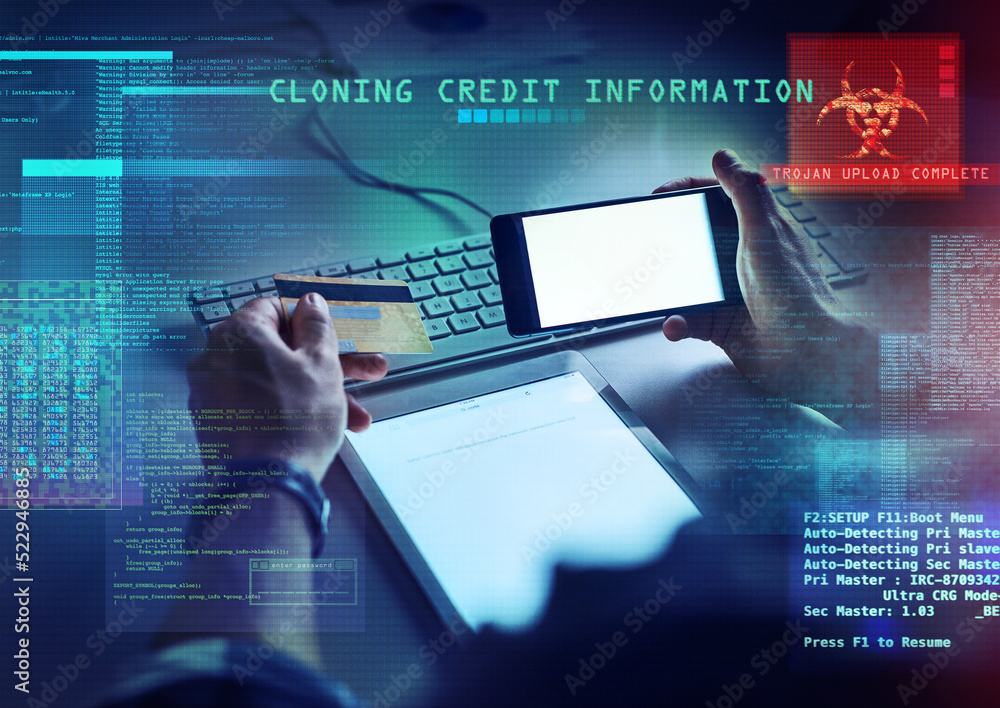 Poster Cyber security, hacking and credit card fraud with cgi, special effects and digital overlay of the hands of a man cloning a bank account and stealing money, finance or information from an online fund