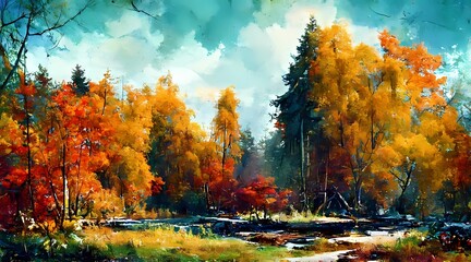Fototapeta na wymiar Landscape Autumn Forest wallpaper illustration 