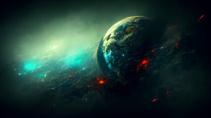 Naklejka na ściany i meble Extrasolar planet illustration, Stone Planet with blue light, background