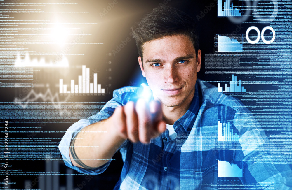 Poster programmer or engineer working with cgi graphic of data, graphs and charts. portrait face of an info