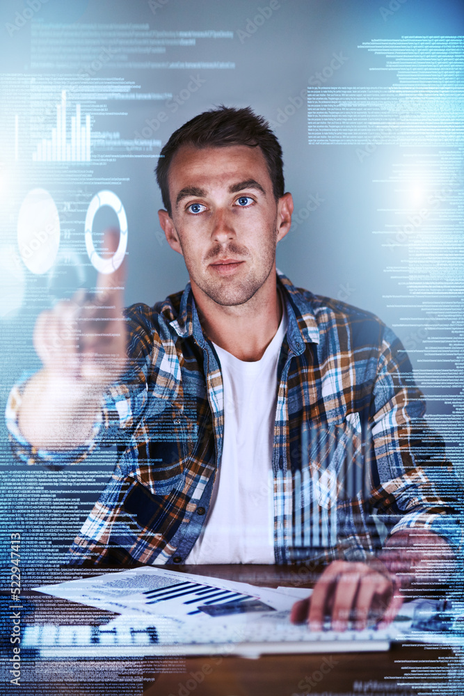 Leinwandbilder Professional it computer employee working on a cgi screen, planning with graphics and looking at data while sitting in an office at work. One coding programmer inspecting software and checking codes