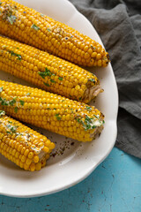 Close up of sweet corn on cob grilled summer food