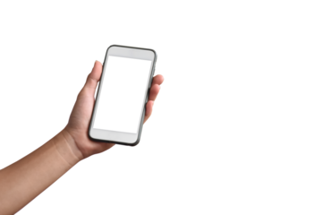 Isolated blank touchscreen mobile phone holding in hands.