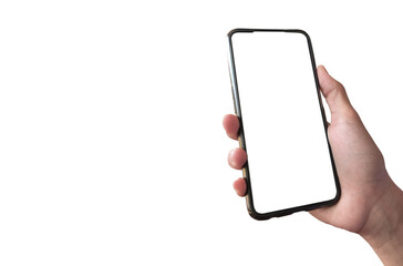 Isolated blank touchscreen mobile phone holding in hands.