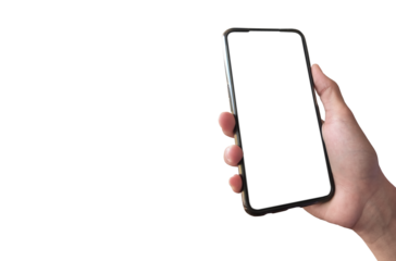 Isolated blank touchscreen mobile phone holding in hands.