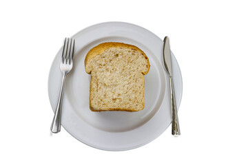  Top view of breakfast scene with home wheat bread on white plate with a knife and a fork , Morning breakfast concept.  fast food.