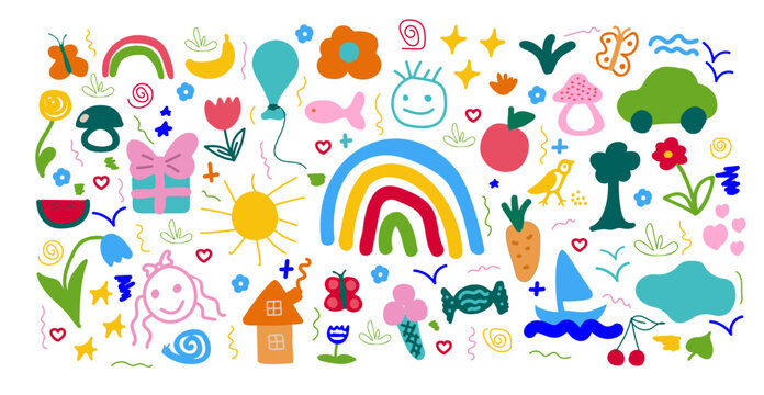 Baby hand-drawn design for textile, posters, cards. Fabric baby design.Cute flowers, rainbows, houses, sun, cars and other decorative elements.