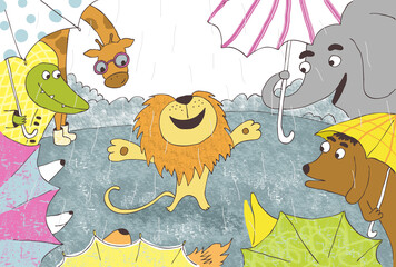 Digital children funny animal jpg image. 
Lion, elephant, giraffe, dog, crocodile. Rain, 
umbrella. Horizontal template for textile print, 
card, poster, banner