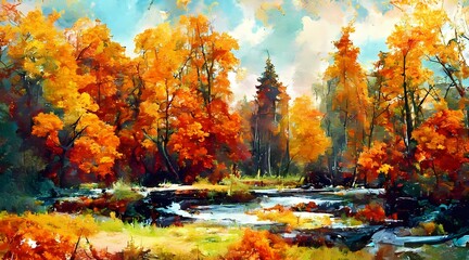 Fototapeta na wymiar oil painting of autumn forest landscape art 