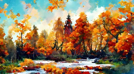 Obraz na płótnie Canvas oil painting of autumn forest landscape art 