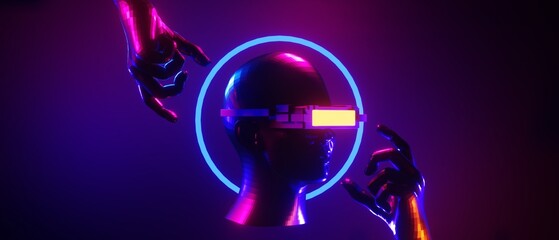 robot hand, abstract backgound video game of esports scifi gaming cyberpunk, vr virtual reality simulation and metaverse, scene stand pedestal stage, 3d illustration rendering, futuristic neon glow