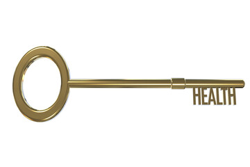 key to health concept health word incorporated in a gold 3D key cut out isolated on a white background