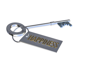 key to happiness concept silver 3D key with key ring tag with text word words happiness concept cut out isolated on white background