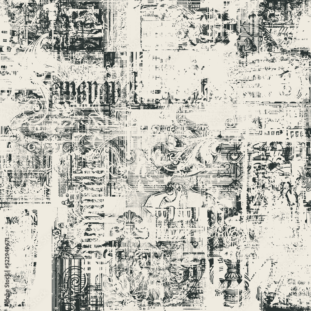 Poster abstract seamless pattern with chaotic layering of vintage architectural elements and old buildings 