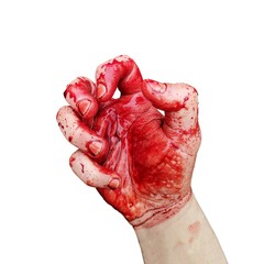 The hand is covered in blood. On a white background