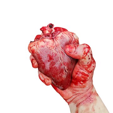 A hand in blood holds a heart. On a white background