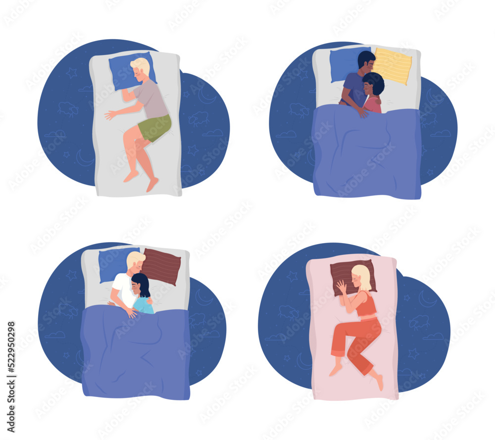 Poster sleeping people 2d vector isolated illustrations set. healthy sleep patterns flat characters on cart