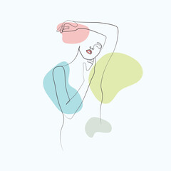 Abstract beautiful woman hand to chin female body line art soft color drawing minimal vector